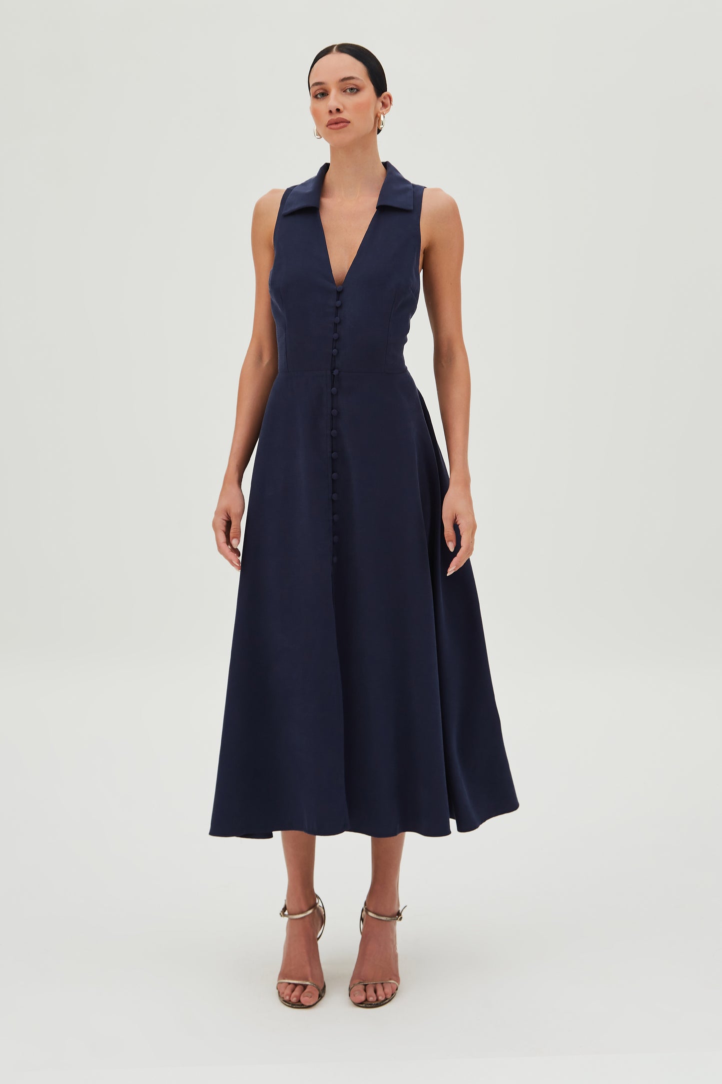 VESTIDO MIDI COM BOTOES FRONTAL ABERTURA COSTAS AZUL MARINHO