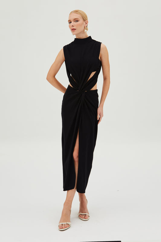 VESTIDO MIDI COM TORCAO FRONTAL E ABERTURA COSTAS PRETO