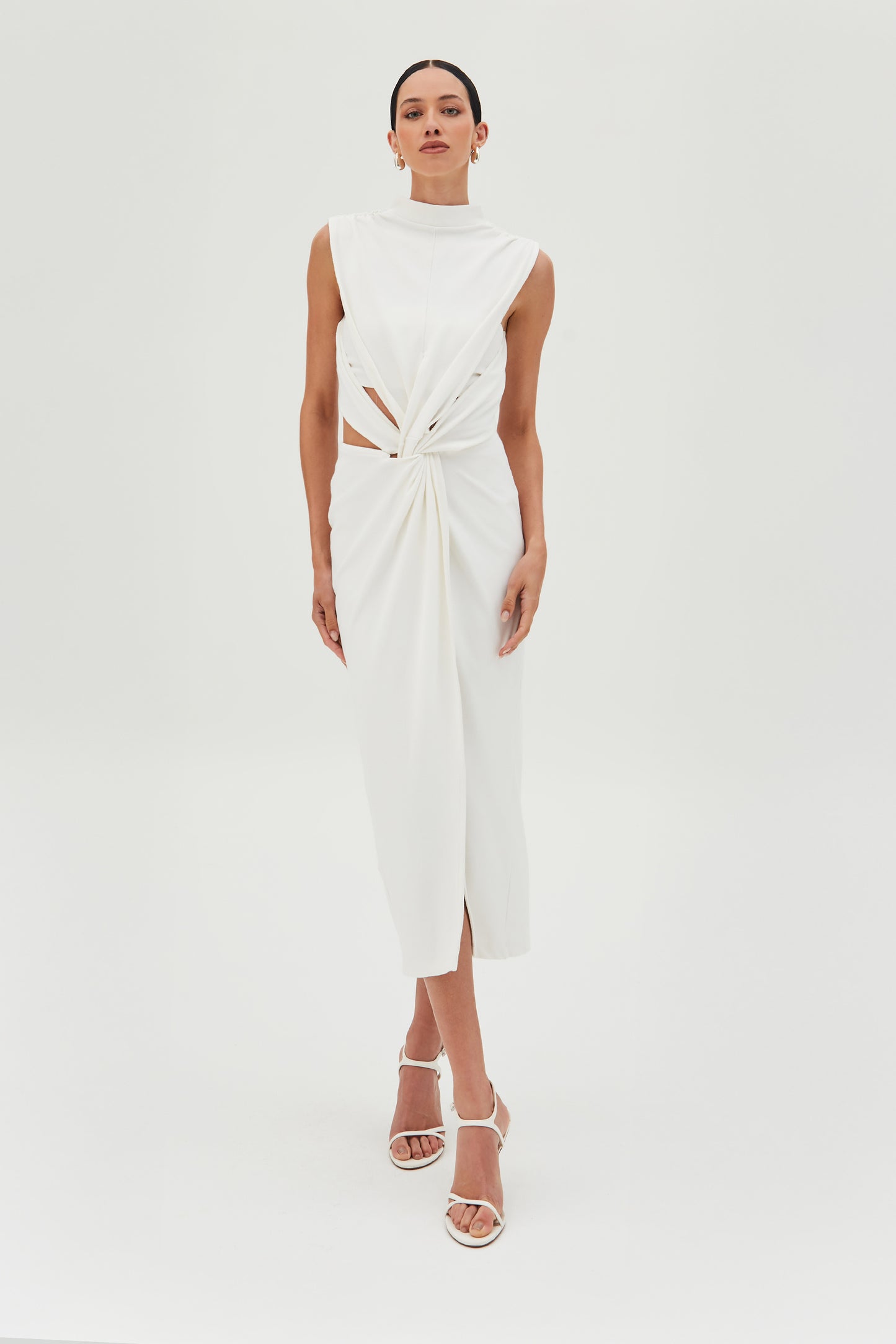 VESTIDO MIDI COM TORCAO FRONTAL E ABERTURA COSTAS OFF WHITE