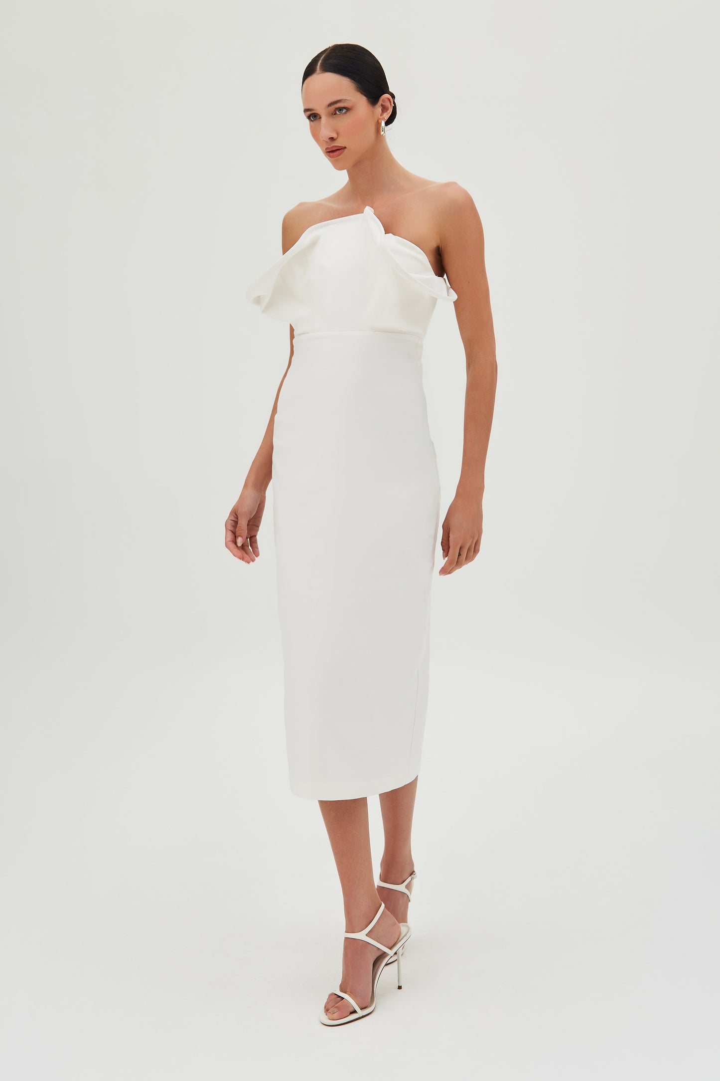 VESTIDO MIDI TOMARA QUE CAIA COM DECOTE ESTRUTURADO OFF WHITE