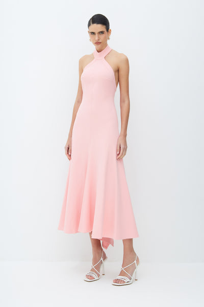 VESTIDO MIDI FRENTE UNICA GOLA  ALTA DETALHE COSTAS ROSA CONDESSA