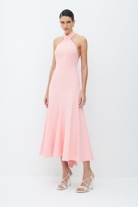VESTIDO MIDI FRENTE UNICA GOLA  ALTA DETALHE COSTAS ROSA CONDESSA