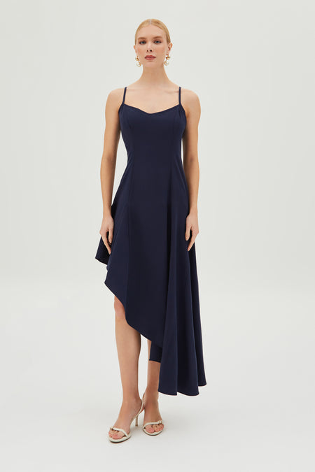 VESTIDO MIDI BARRA ASSIMETRICA E ALCA FINA AZUL MARINHO
