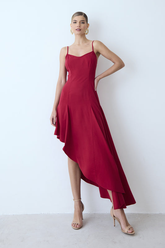 VESTIDO MIDI BARRA ASSIMETRICA E ALCA FINA VERMELHO CEREJA