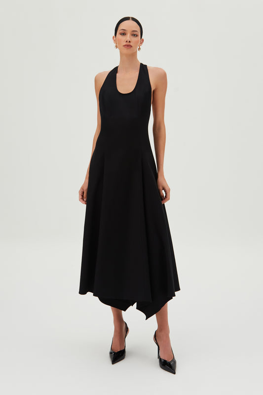 VESTIDO MIDI FECHAMENTO DE BOTAO PESCOCO FRENTE UNICA PRETO