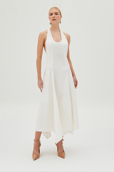 VESTIDO MIDI FECHAMENTO DE BOTAO PESCOCO FRENTE UNICA OFF WHITE