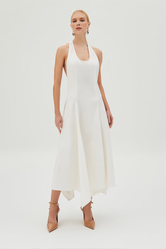 VESTIDO MIDI FECHAMENTO DE BOTAO PESCOCO FRENTE UNICA OFF WHITE