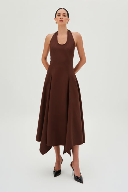 VESTIDO MIDI FECHAMENTO DE BOTAO PESCOCO FRENTE UNICA MARROM
