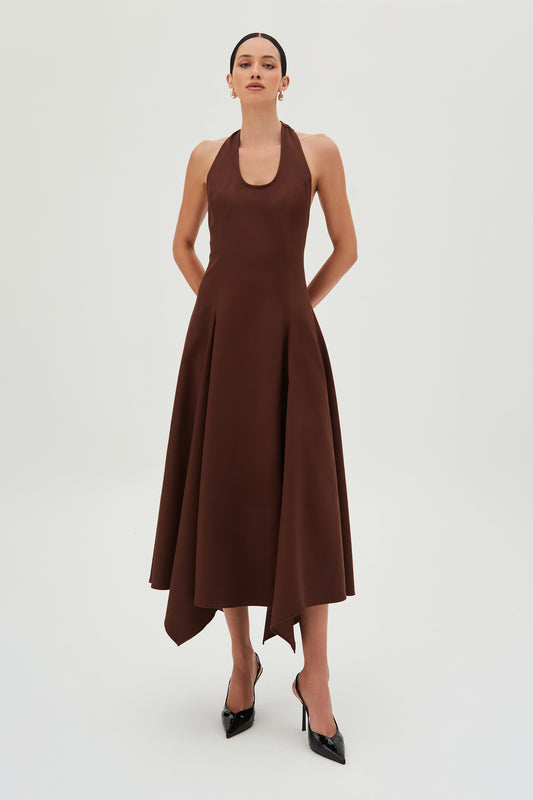 VESTIDO MIDI FECHAMENTO DE BOTAO PESCOCO FRENTE UNICA MARROM