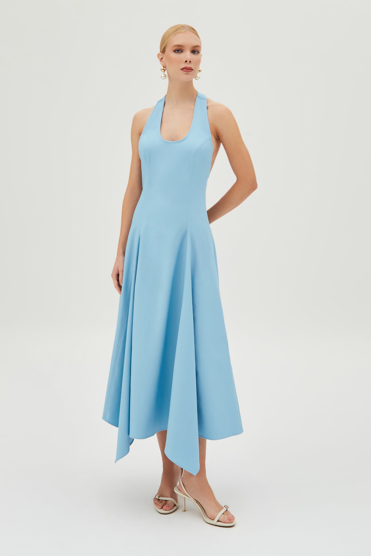 VESTIDO MIDI FECHAMENTO DE BOTAO PESCOCO FRENTE UNICA AZUL OCEANO