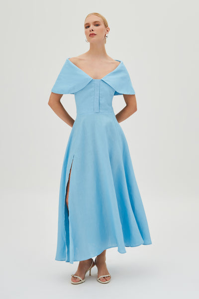 VESTIDO MIDI MAXI GOLA BOTOES VISTA E BARRA AMPLA AZUL OCEANO