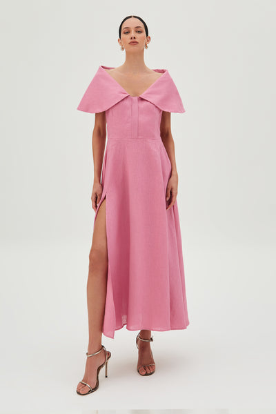 VESTIDO MIDI MAXI GOLA BOTOES VISTA E BARRA AMPLA ROSA AMARANTO