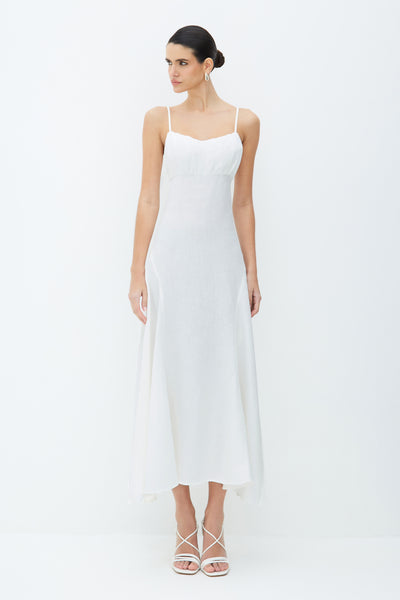 VESTIDO MIDI COM DRAPEADOS BUSTO E BARRA AMPLA BRANCO