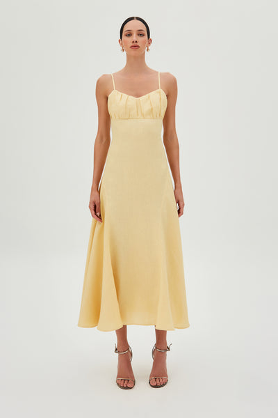 VESTIDO MIDI COM DRAPEADOS BUSTO E BARRA AMPLA AMARELO MANTEIGA