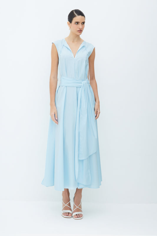 VESTIDO MIDI COM SOBREPOSICAO PARA AMARRACAO CINTURA AZUL POLAR