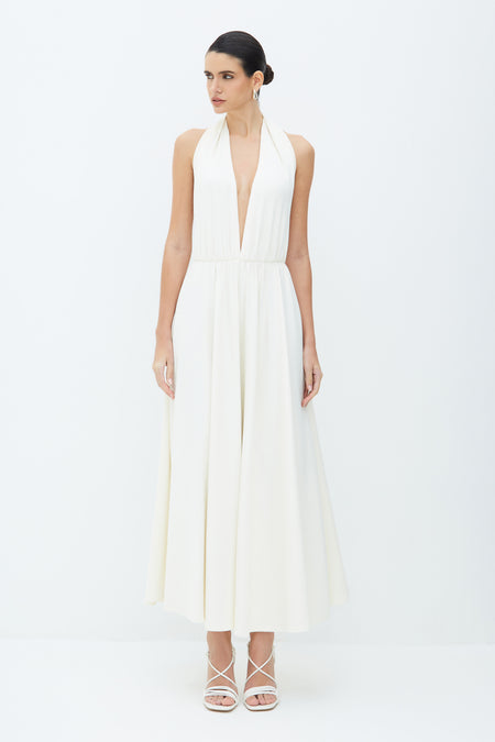 VESTIDO MIDI FRENTE UNICA DECOTE PROFUNDO OFF WHITE