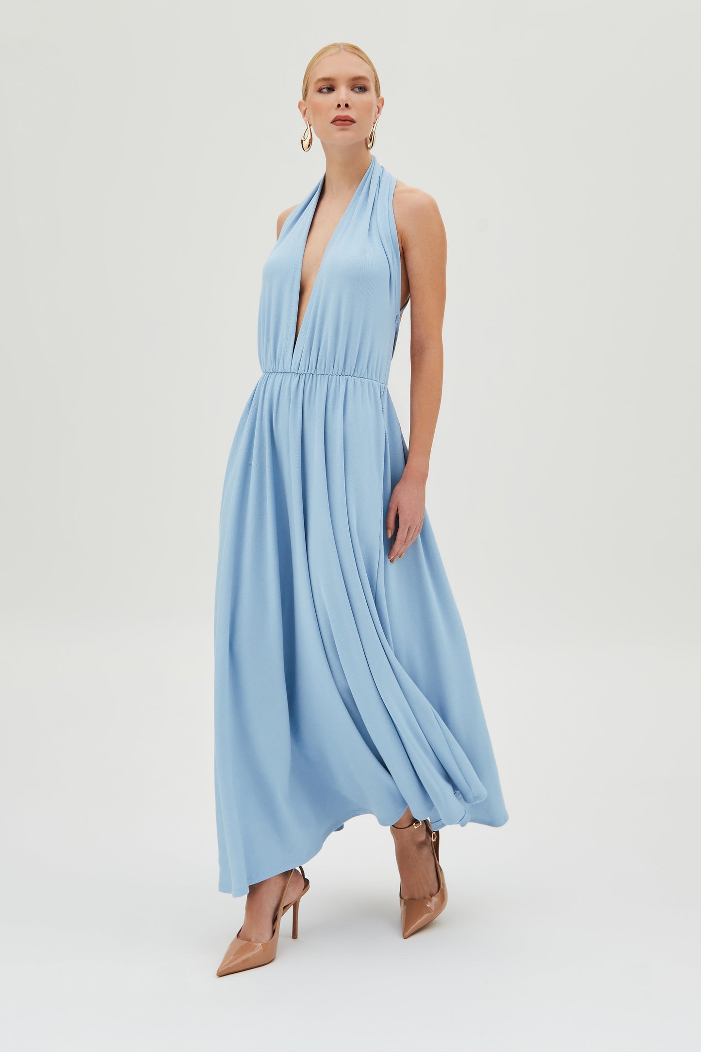 VESTIDO MIDI FRENTE UNICA DECOTE PROFUNDO AZUL BEBE