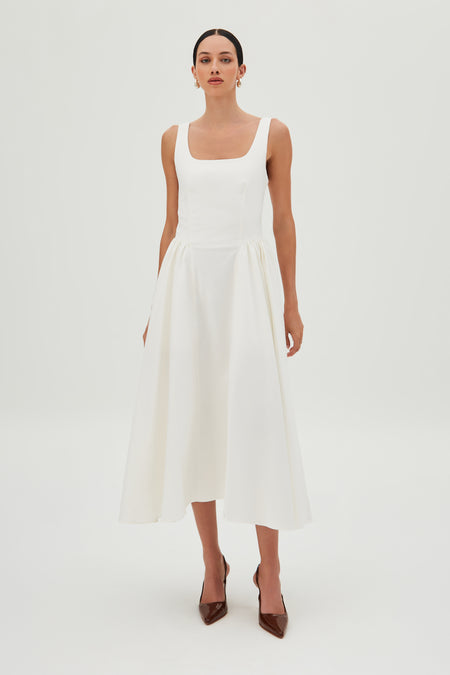 VESTIDO MIDI COM SAIA ESTRUTURADA E AMPLA OFF WHITE