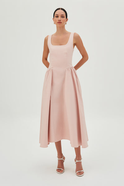VESTIDO MIDI COM SAIA ESTRUTURADA E AMPLA ROSE