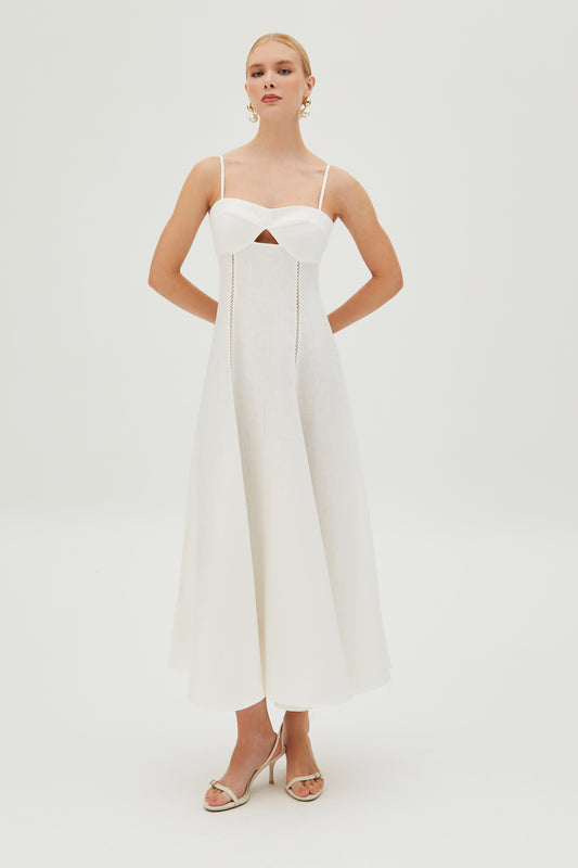 VESTIDO MIDI COM DETALHE DE ENTREMEIO ABERTURA BUSTO BRANCO