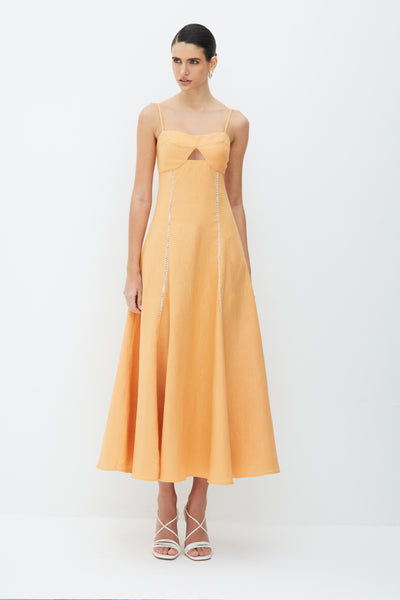 VESTIDO MIDI COM DETALHE DE ENTREMEIO ABERTURA BUSTO LARANJA PESSEGO