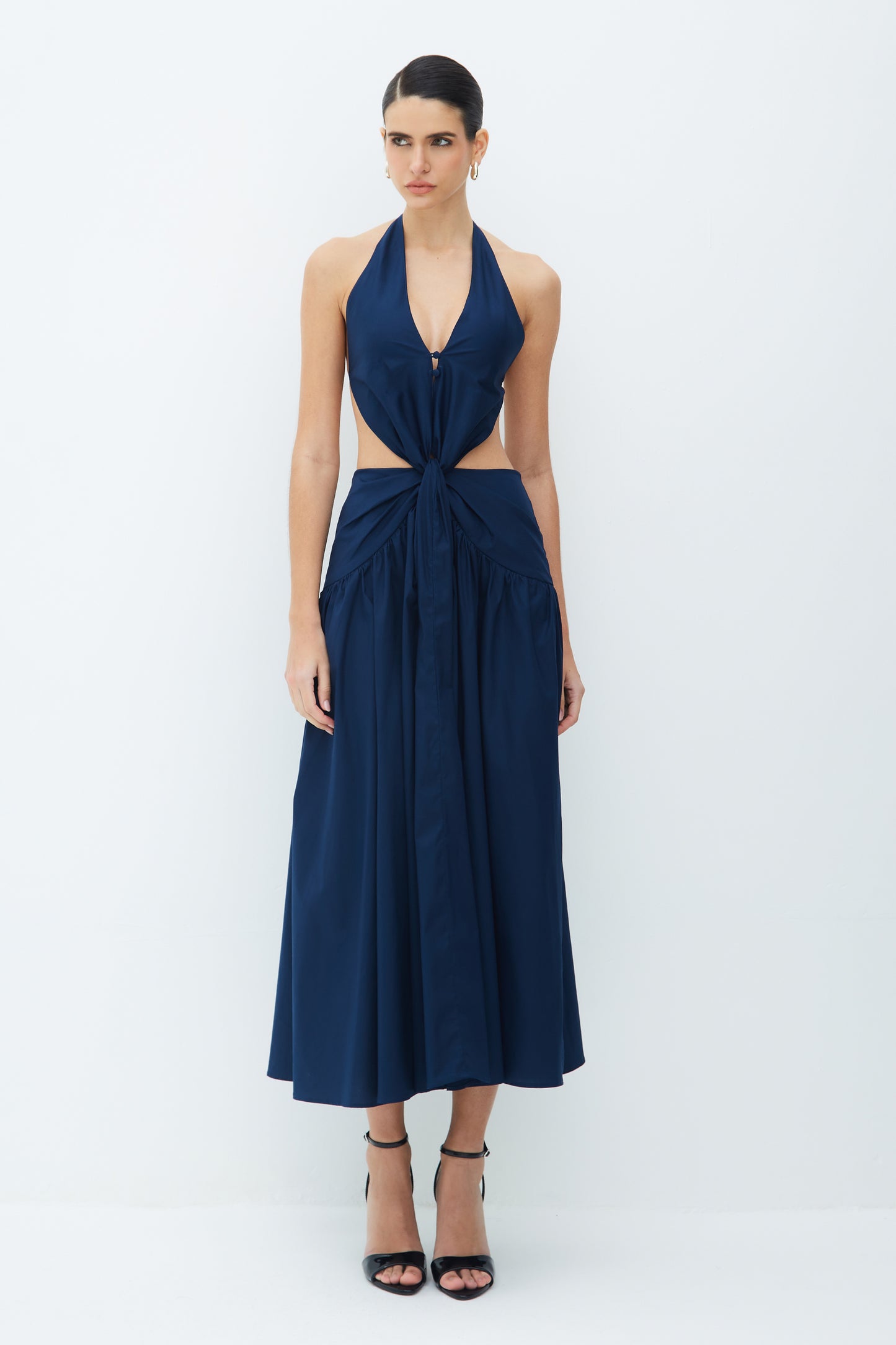 VESTIDO MIDI FRENTE UNICA TORCAO FRONTAL E AMARRACAO AZUL MARINHO
