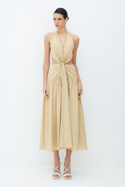 VESTIDO MIDI FRENTE UNICA TORCAO FRONTAL E AMARRACAO BEGE MEL