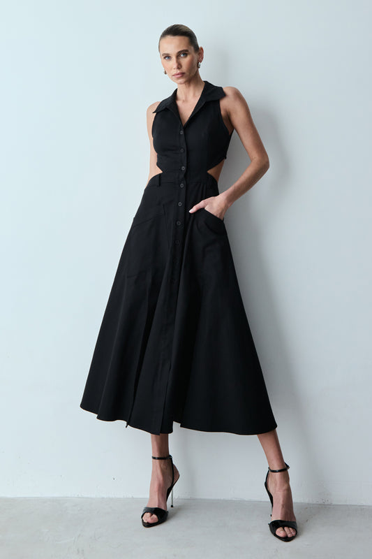 VESTIDO MIDI BOTOES FRONTAL ABERTURA COSTAS E GOLA PRETO