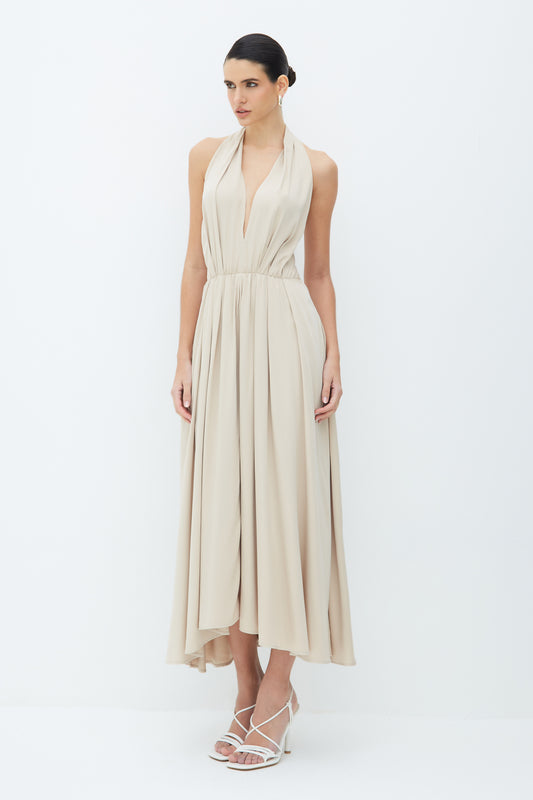 VESTIDO LONGO FRENTE UNICA COM AMARRACAO COSTAS AREIA
