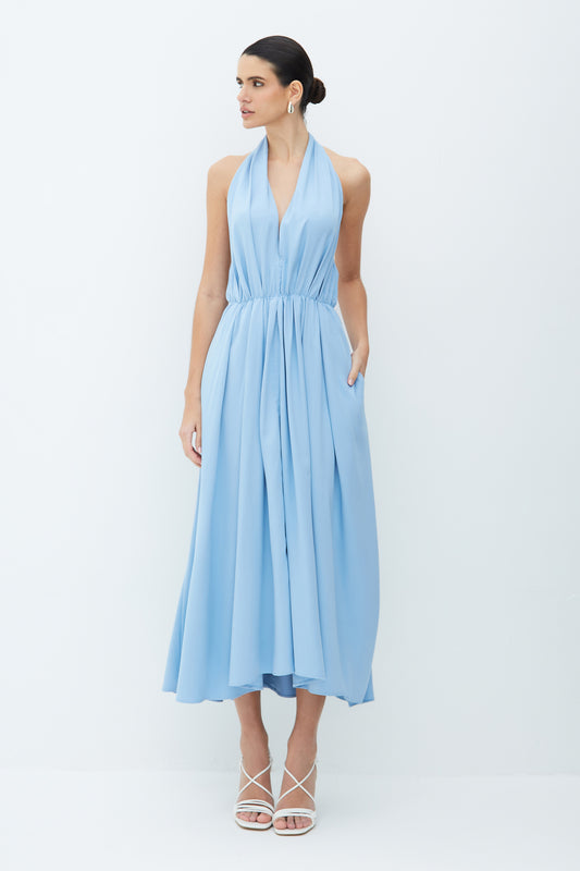 VESTIDO LONGO FRENTE UNICA COM AMARRACAO COSTAS AZUL BEBE