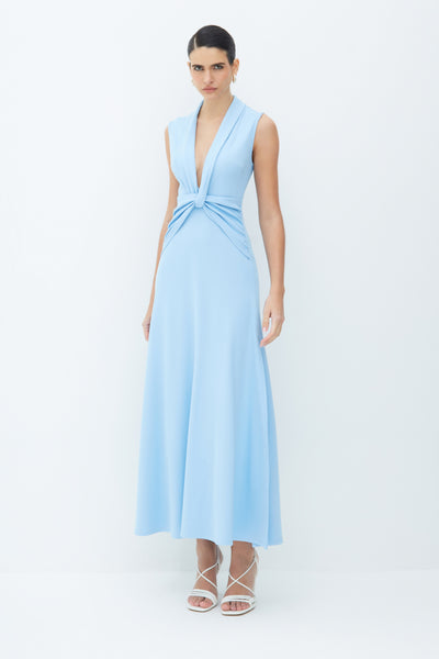 VESTIDO MIDI DECOTE V COM DETALHE SOBREPOSTO CINTURA AZUL BEBE