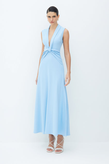 VESTIDO MIDI DECOTE V COM DETALHE SOBREPOSTO CINTURA AZUL BEBE