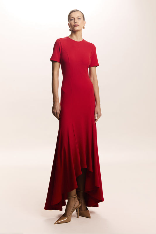 VESTIDO MIDI BARRA AMPLA ASSIMETRICA E RECORTES VERMELHO