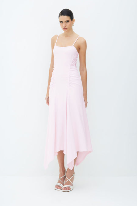 VESTIDO MIDI FRANZIDOS  LATERAIS E BARRA ASSIMETRICA ROSA CELESTIAL