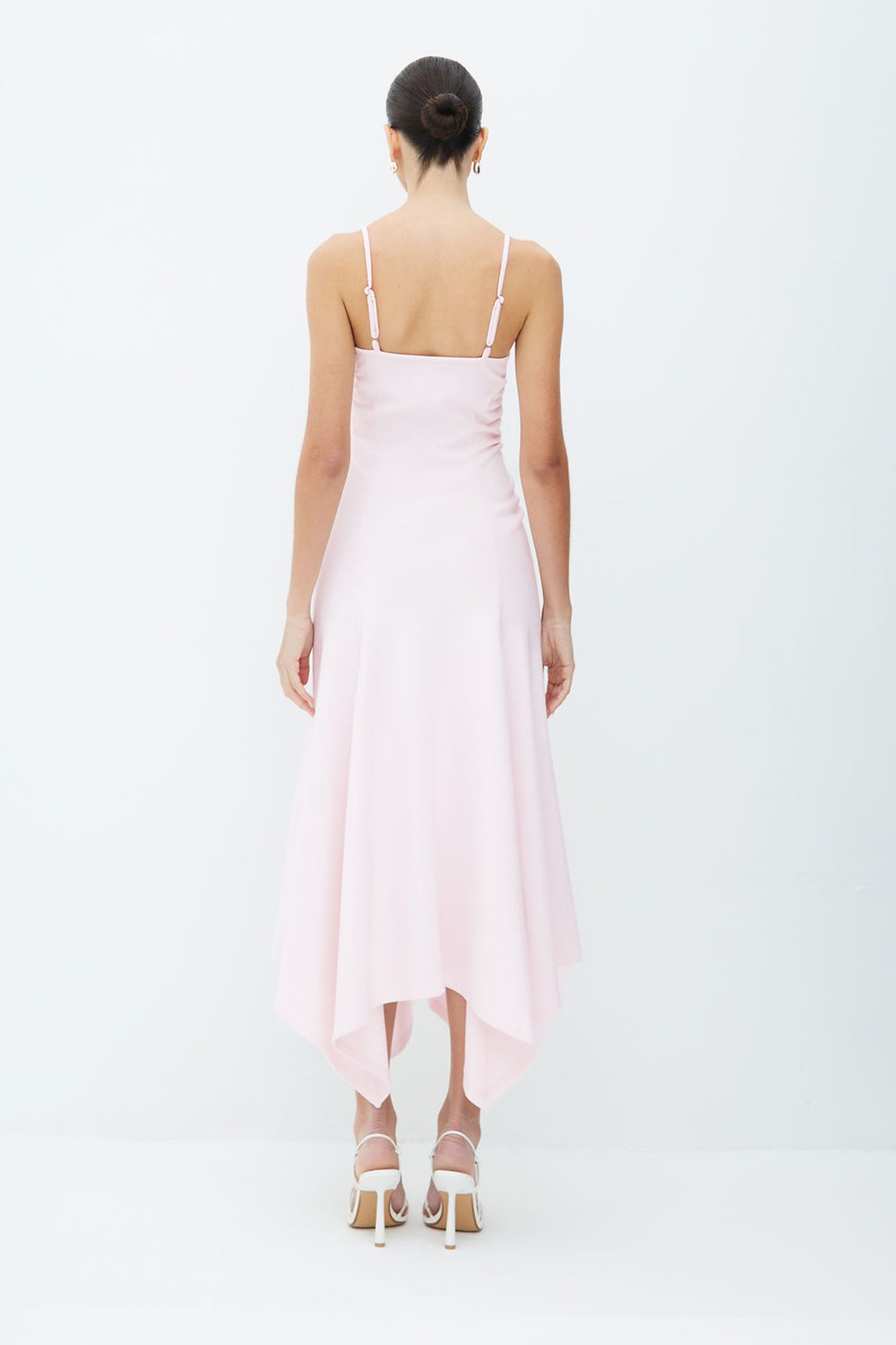 VESTIDO MIDI FRANZIDOS  LATERAIS E BARRA ASSIMETRICA ROSA CELESTIAL