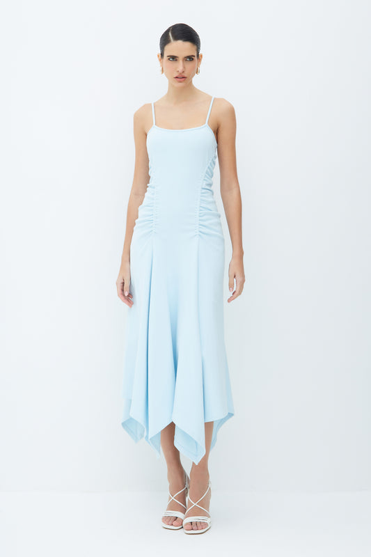 VESTIDO MIDI FRANZIDOS  LATERAIS E BARRA ASSIMETRICA AZUL POLAR