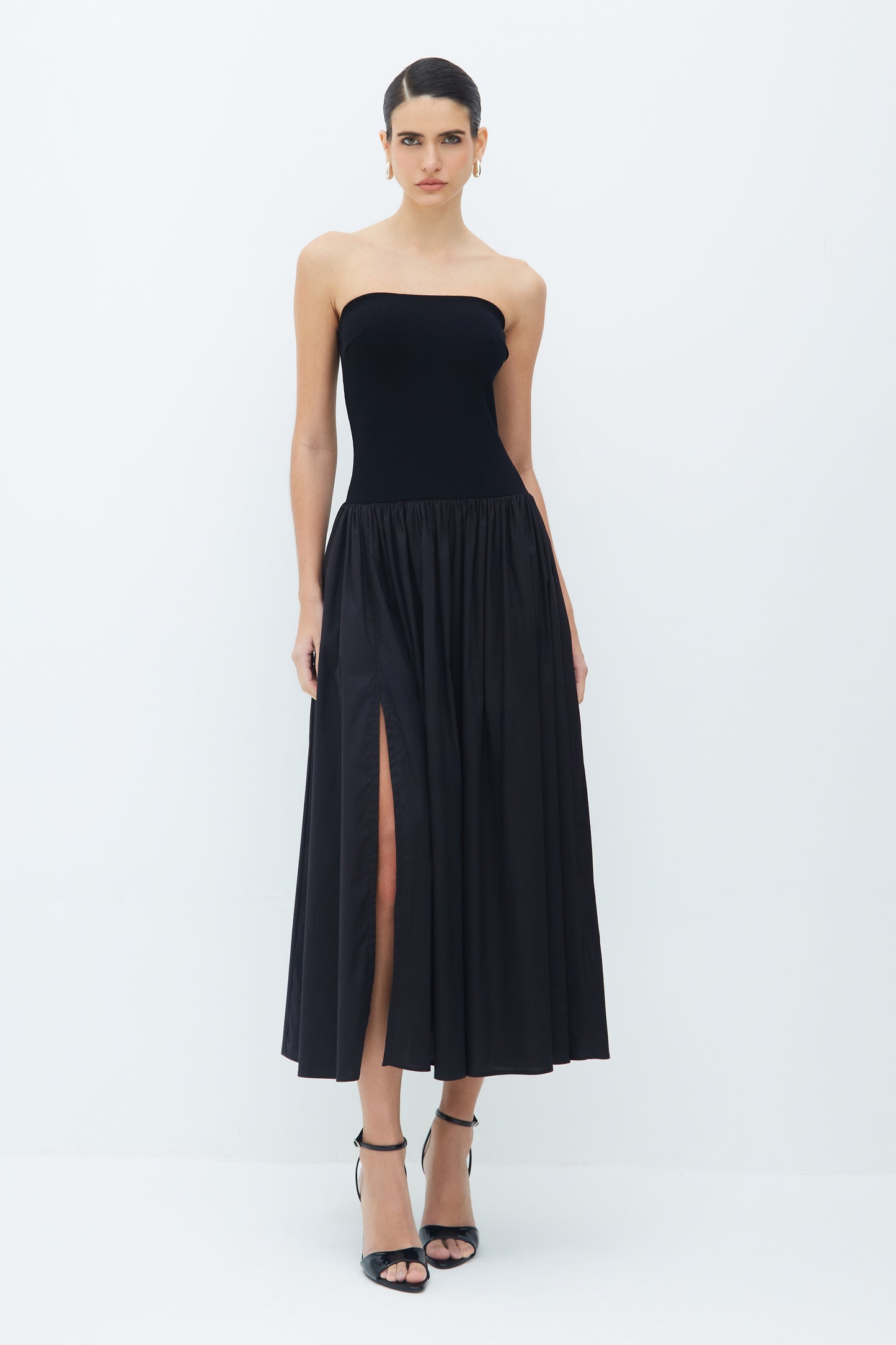 VESTIDO MIDI TOMARA QUE CAIA SAIA AMPLA E BOLSOS PRETO