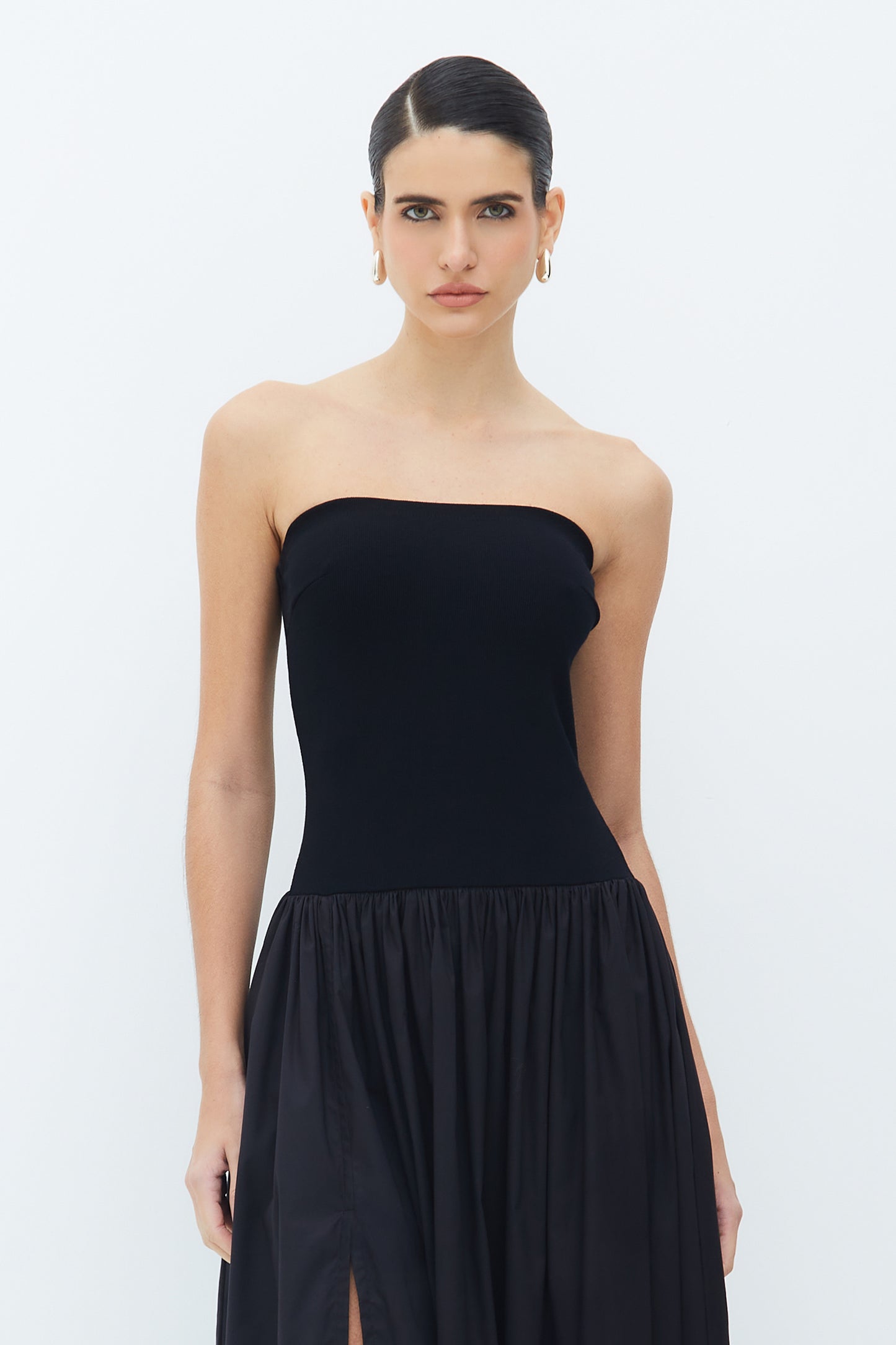 VESTIDO MIDI TOMARA QUE CAIA SAIA AMPLA E BOLSOS PRETO