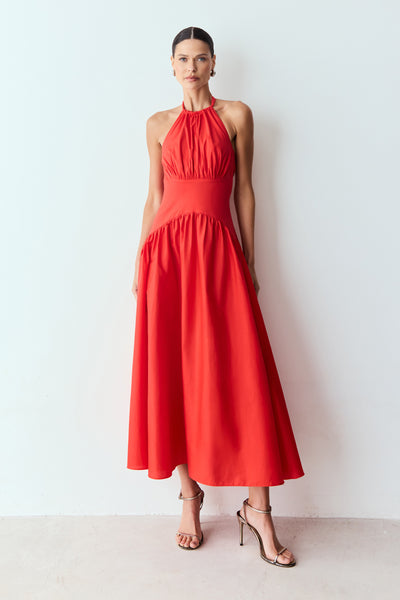 VESTIDO MIDI AMARRACAO COSTAS E PESCOCO BARRA AMPLA VERMELHO TOMATE