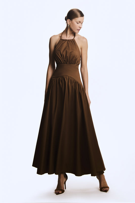 VESTIDO MIDI AMARRACAO COSTAS E PESCOCO BARRA AMPLA MARROM