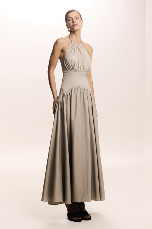 VESTIDO MIDI AMARRACAO COSTAS E PESCOCO BARRA AMPLA PRETO BEGE SAFARI