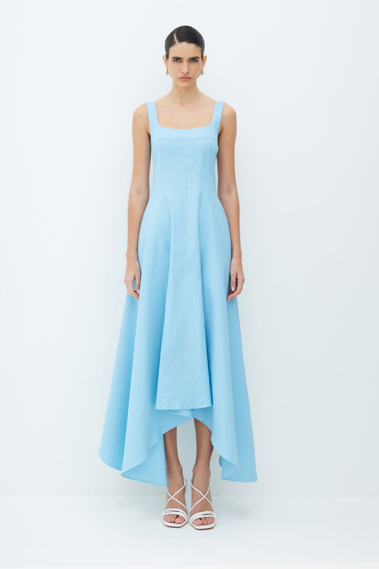 VESTIDO MIDI ALCA LARGA  RECORTESE BARRA ASSIMETRICA AZUL OCEANO
