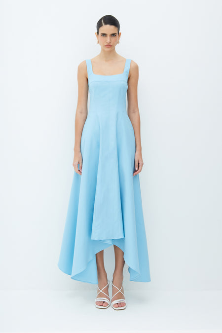 VESTIDO MIDI ALCA LARGA  RECORTESE BARRA ASSIMETRICA AZUL OCEANO