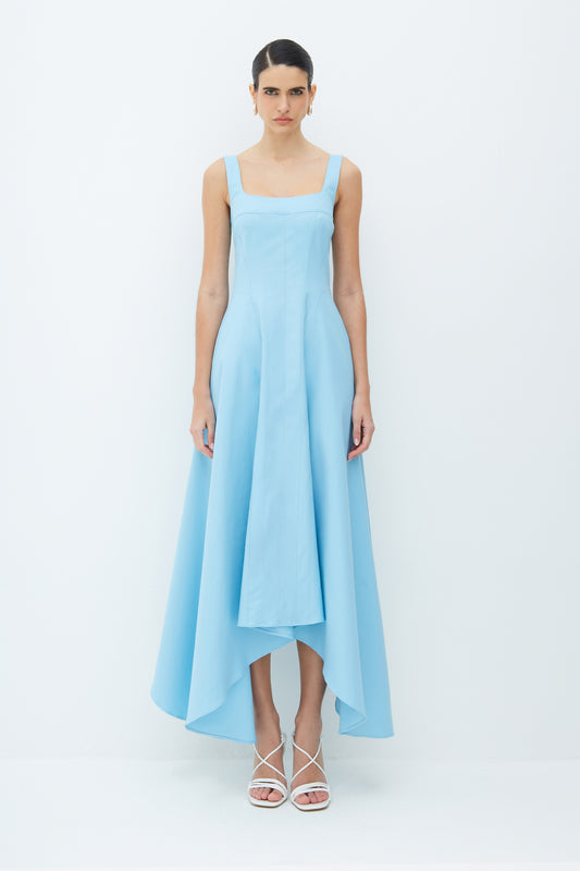 VESTIDO MIDI ALCA LARGA  RECORTESE BARRA ASSIMETRICA AZUL OCEANO