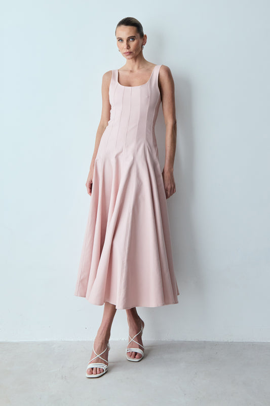 VESTIDO MIDI RECORTES PESPONTADOS E SAIA GODE ROSE