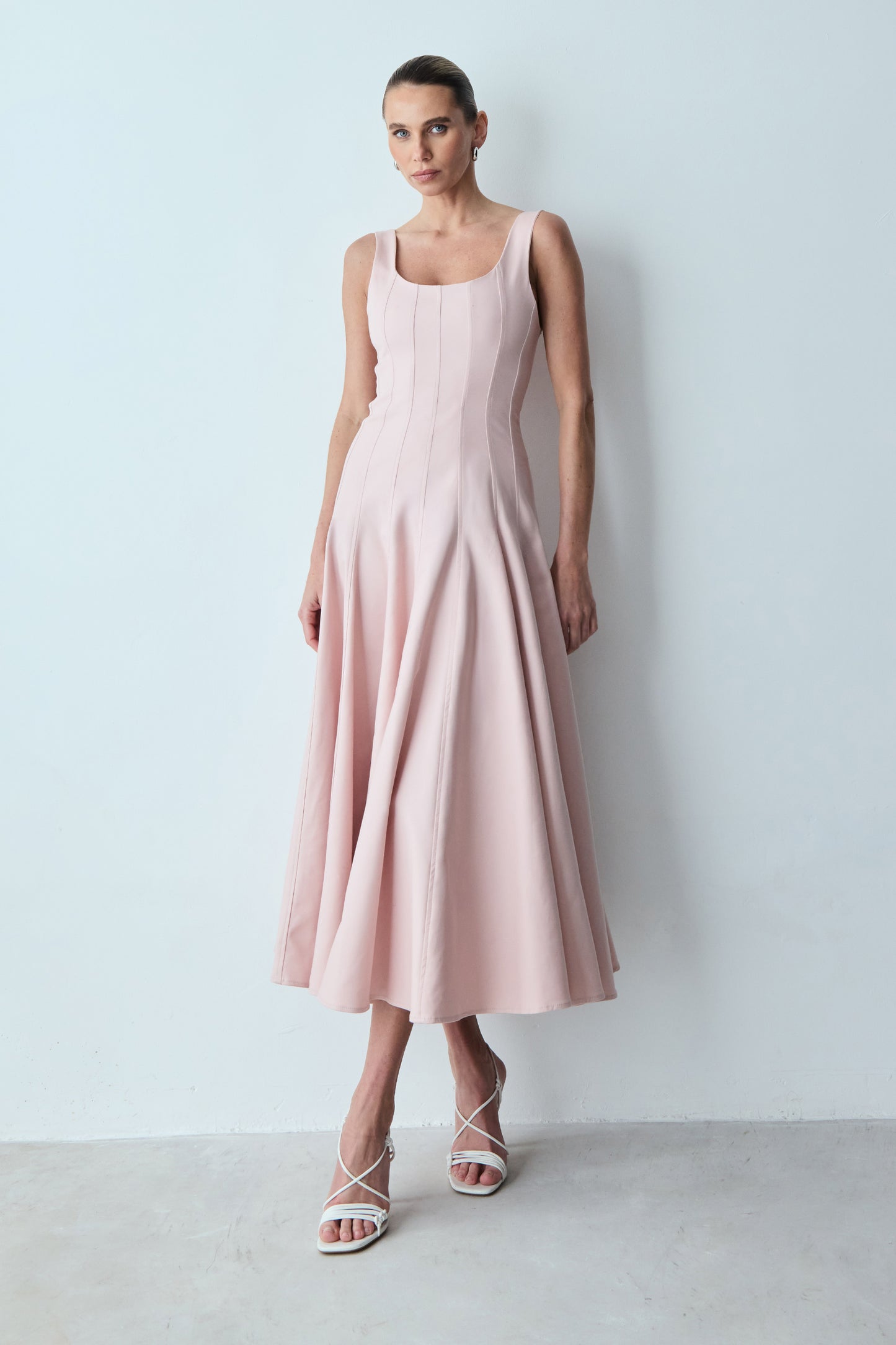 VESTIDO MIDI RECORTES PESPONTADOS E SAIA GODE ROSE