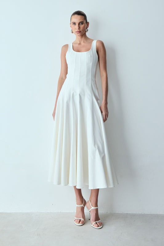 VESTIDO MIDI RECORTES PESPONTADOS E SAIA GODE OFF WHITE