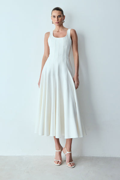 VESTIDO MIDI RECORTES PESPONTADOS E SAIA GODE OFF WHITE