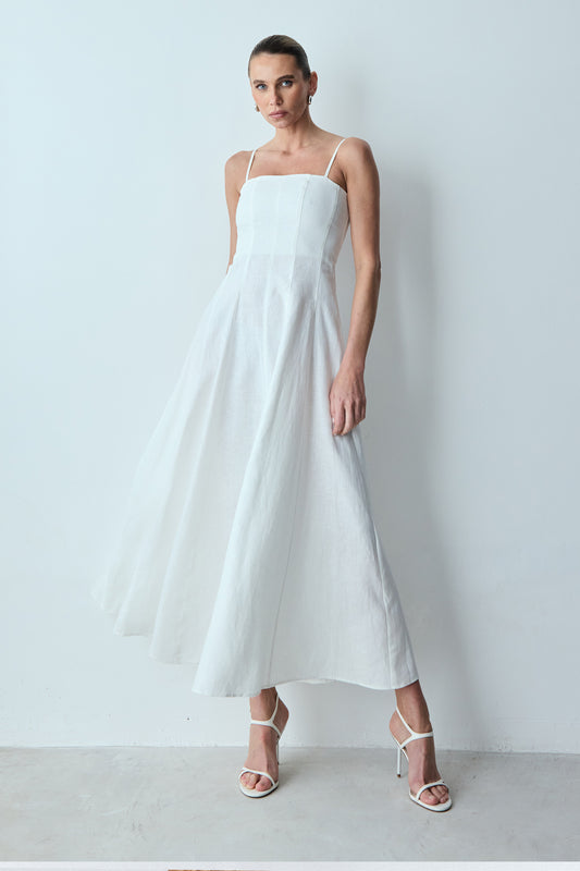 VESTIDO MIDI PESPONTOS FINOS E  DECOTE RETO BRANCO