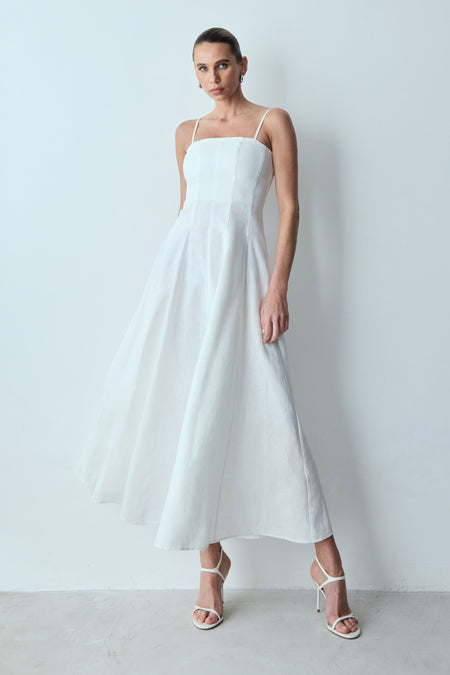VESTIDO MIDI PESPONTOS FINOS E  DECOTE RETO BRANCO